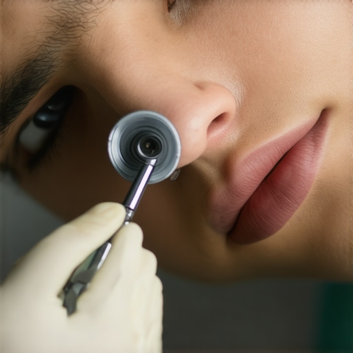 Close up of a dentist using magnification loupes to check the fit of a dental restoration at the gum line.