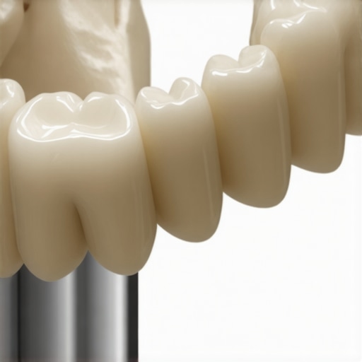 Precision fit of a dental crown on a jaw model A detailed view of a dental crown being precisely aligned on a patient's tooth model to ensure a perfect bite.