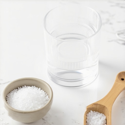 Preparing a Perfect Saline Rinse A glass of warm water and salt prepared for an oral saline rinse on a bathroom counter.
