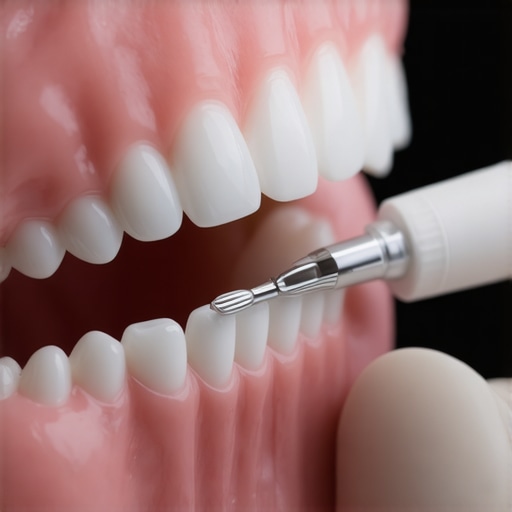 A dentist using a tool to check the stability and margin of a dental bridge