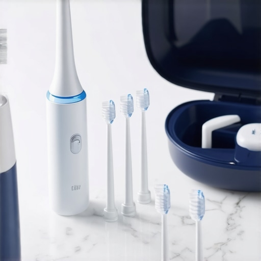 Professional Dental Maintenance Kit for Aligners and Crowns A collection of oral health tools including a water flosser and interproximal brushes for maintaining dental work.