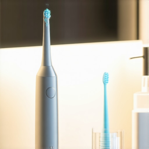 Professional Dental Maintenance Tools A collection of modern dental tools including a water flosser and Invisalign case on a clean counter.