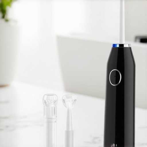 Professional Dental Maintenance Tools Water flosser and clear aligners on a marble bathroom vanity