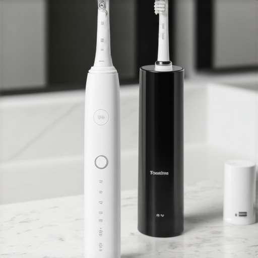 Professional Dental Maintenance Tools Electric toothbrush and water flosser on a bathroom counter