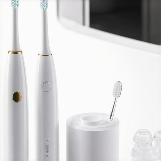 Professional Dental Maintenance Tools Electric toothbrush and water flosser on a modern bathroom counter for crown and aligner care.