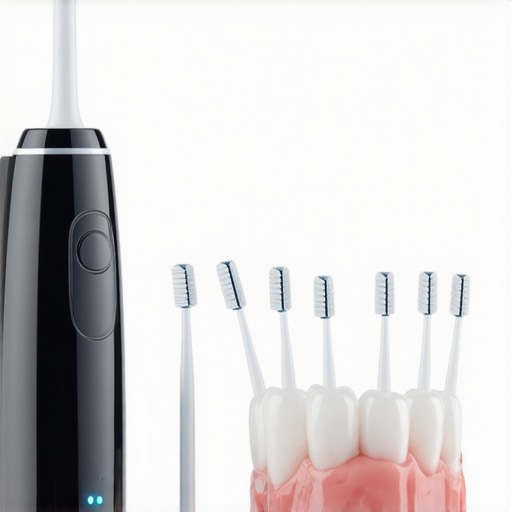 A collection of high-tech oral hygiene tools including a water flosser and interdental brushes.
