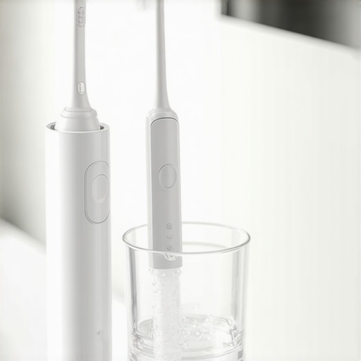 Professional Dental Maintenance Tools Sonic toothbrush, water flosser, and dental retainer on a clean bathroom counter.