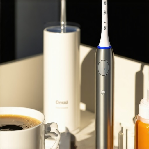 Close up of a water flosser and pH strips on a bathroom counter for dental work maintenance.