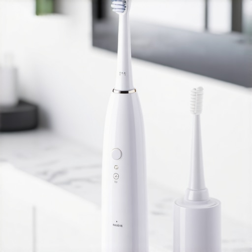 Professional Dental Maintenance Tools A sonic electric toothbrush and water flosser on a bathroom counter representing modern oral health maintenance.