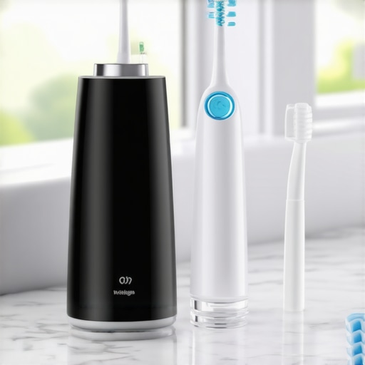 Modern water flosser and Invisalign aligners on a bathroom counter