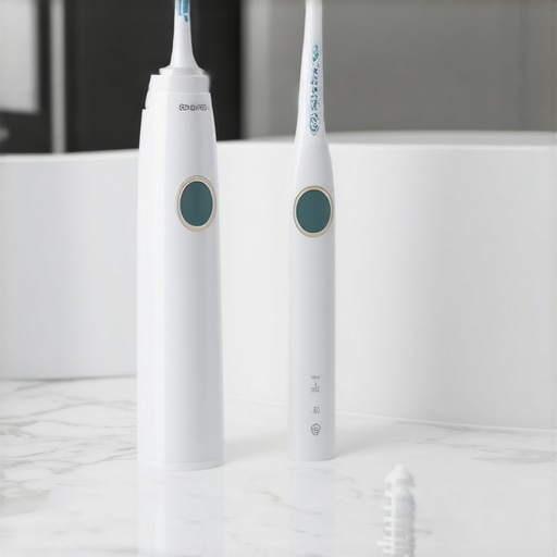 An electric toothbrush and water flosser on a marble counter representing advanced oral hygiene.