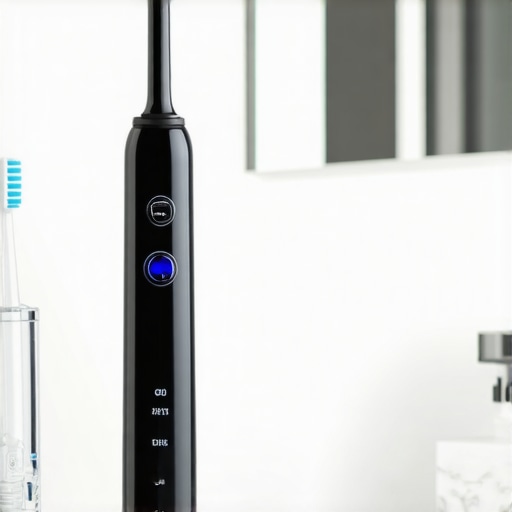 Professional Dental Tools for Home Care High-tech sonic toothbrush and water flosser on a bathroom vanity.