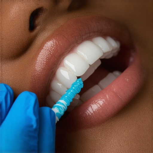 Professional Gingival Barrier Application Close-up of a blue liquid dam being applied to gums to protect them during professional teeth whitening.