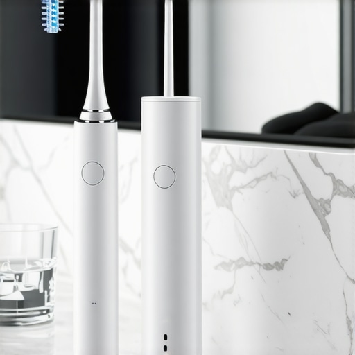 A modern water flosser and electric toothbrush on a bathroom counter