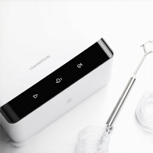 An ultrasonic cleaner and removal tool for clear aligners on a bathroom counter