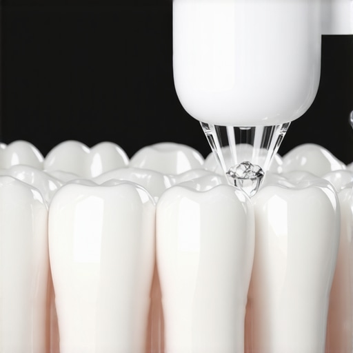 A water flosser cleaning a dental crown margin to prevent bacteria buildup.