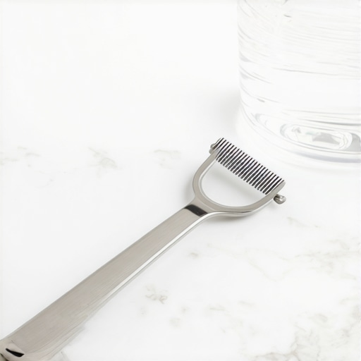A high-quality stainless steel tongue scraper for oral hygiene on a bathroom counter.
