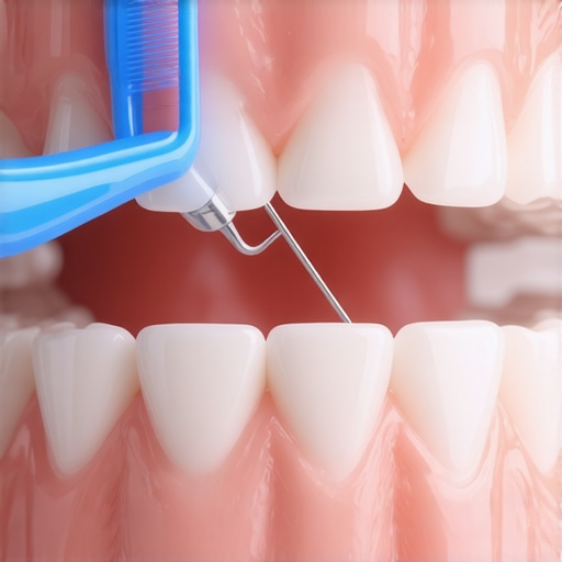 Close-up view of a dental floss threader being used under a bridge restoration.