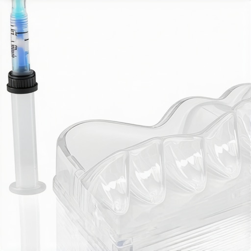 Close up of a dental whitening kit with custom trays and whitening gel.