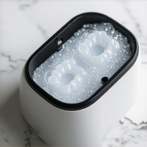 Professional Ultrasonic Cleaner for Aligners An ultrasonic cleaner being used to sanitize clear dental aligners.