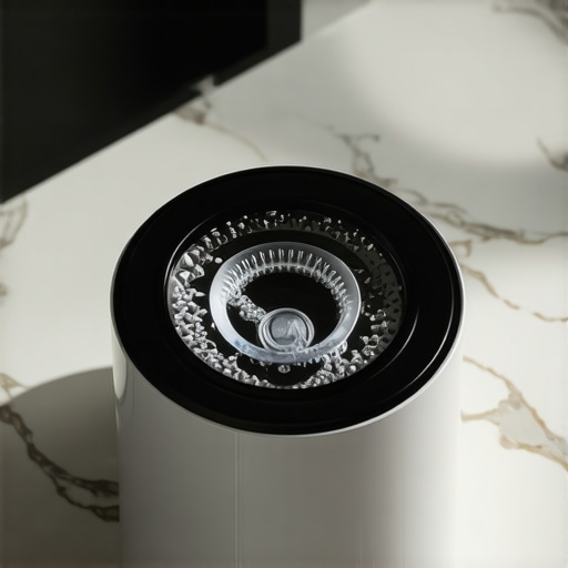 An ultrasonic cleaner cleaning a clear dental night guard on a bathroom counter.