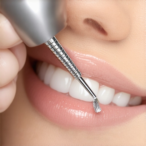 A dentist using a precision tool to thin out a bulky porcelain veneer for a natural look.