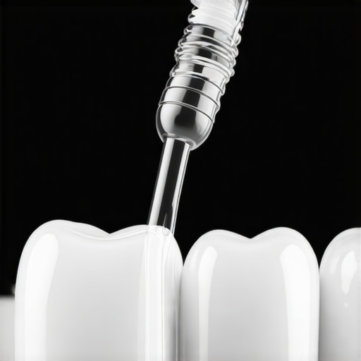 Professional Water Flossing Technique Close up of a water flosser cleaning near a dental crown.