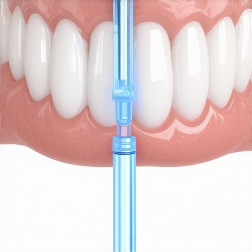 A person using a water flosser to maintain a dental bridge and oral health.