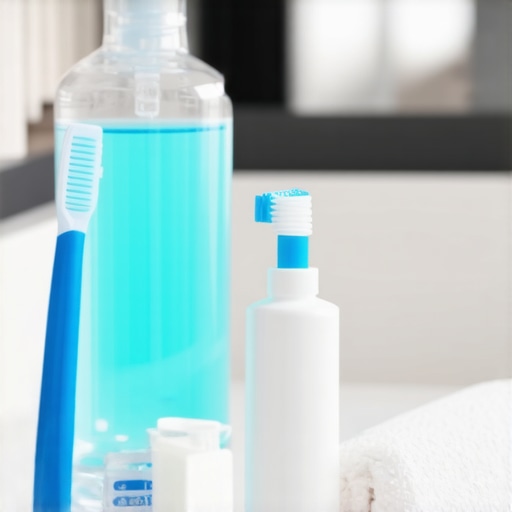 Professional dental care products on a clean bathroom counter High-quality toothbrush and whitening products representing a safe oral health routine