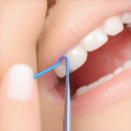 Close-up of flossing under a dental bridge with a threader