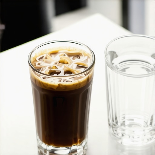A glass of coffee next to a glass of water for dental stain prevention
