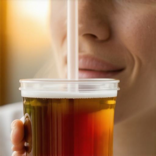 Safe Sipping with Invisalign Aligners A person using a straw to drink tea while wearing Invisalign to prevent staining and warping.