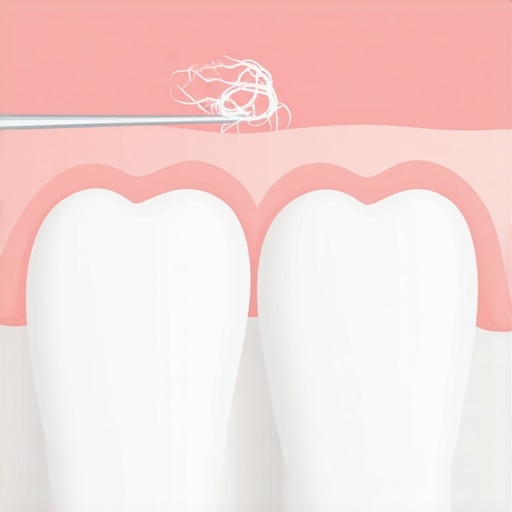 Safe lateral flossing technique for crowns Close up of person pulling dental floss out sideways from a tooth crown
