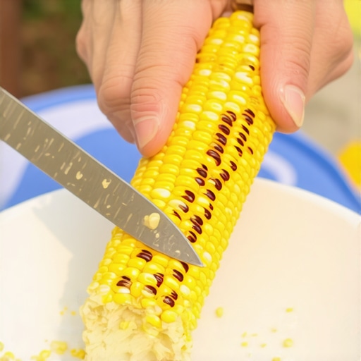 A person slicing corn kernels off the cob with a knife to protect dental implants.