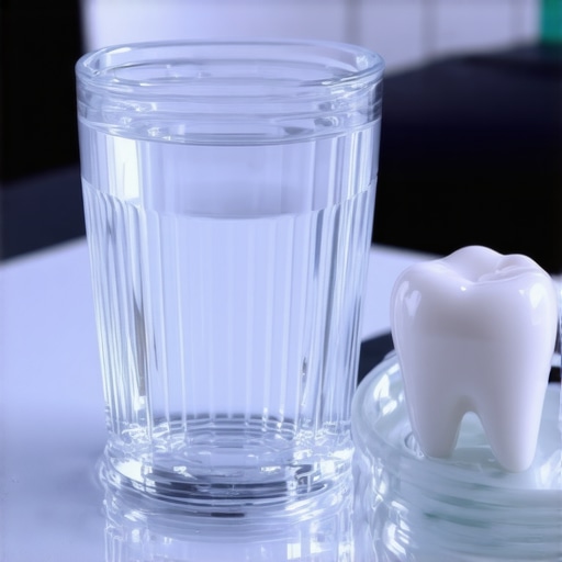 A glass of saltwater and a dental crown on a tray used for neutralizing metallic taste.