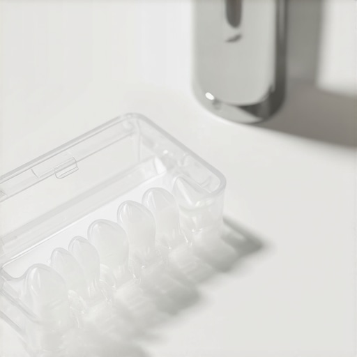 Sanitary Clear Aligner Case on Counter A clean clear aligner case sitting on a bathroom counter illustrating proper dental hygiene