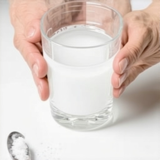 A glass of warm water and salt used for a saltwater oral rinse to soothe itchy gums.