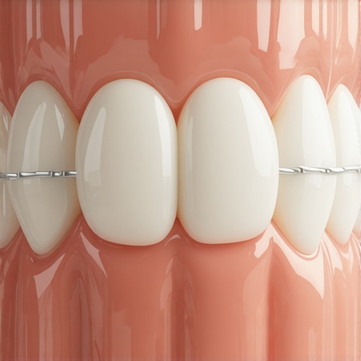 Stabilizing a Loose Tooth with a Dental Splint Close up of a professional dental splint applied to the back of front teeth for stabilization