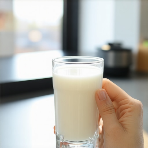 A tooth being preserved in a glass of milk during a dental emergency.