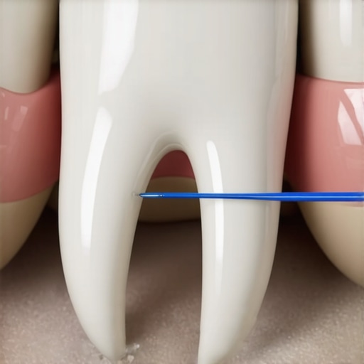A close-up view of a dental floss threader being used correctly under a permanent bridge.