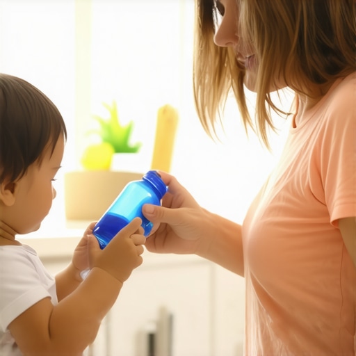 Testing a toddler for dehydration and fruity breath symptoms A parent giving a child water to check if fruity breath is caused by simple dehydration.