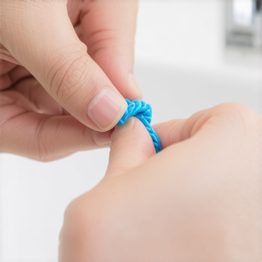 The Dental Floss Knot Technique Close up of hands tying a knot in dental floss to remove a popcorn kernel.