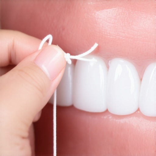 The Dental Floss Knot Technique Close up of dental floss with a knot used for removing a stuck popcorn kernel from gums