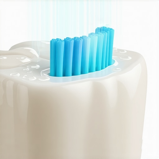 Close-up of soft electric toothbrush head vibrating against a tooth
