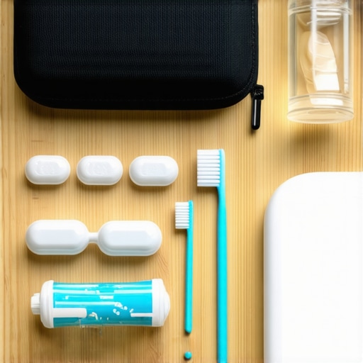 A compact dental travel kit with toothbrush, floss, and cleaning tablets for Invisalign users.