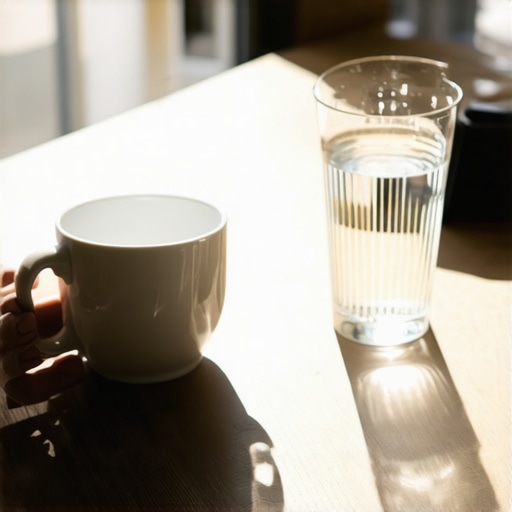 A glass of water next to a coffee mug on a table symbolizing oral hydration habits.