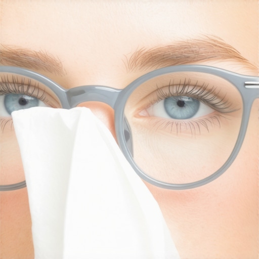 Person wearing glasses with a tissue tucked under the bridge to prevent fogging during a dental appointment.