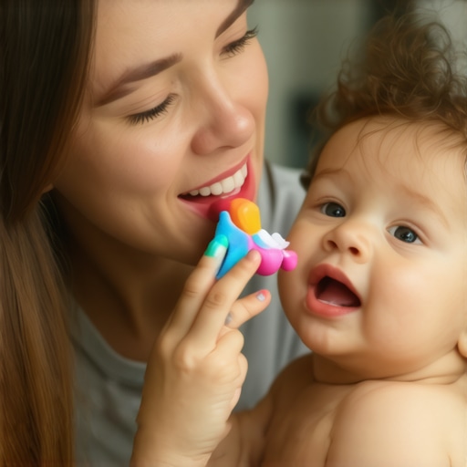 A parent teaching a child how to clean their tongue to prevent sour morning breath.
