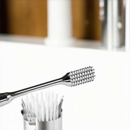 A stainless steel tongue scraper showing its low profile compared to a toothbrush.