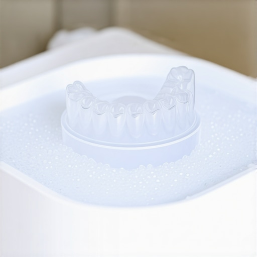 Ultrasonic Aligner Cleaner for Maintenance A professional grade ultrasonic cleaner being used to sanitize Invisalign aligners on a bathroom counter.